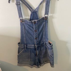high rise mom short overalls
